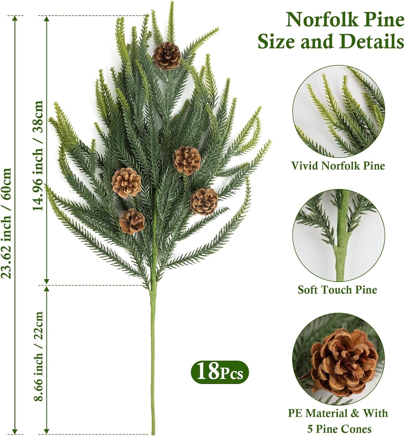18 Pcs 24in Norfolk Pine Artificial Branches – Perfect for DIY Christmas Decor