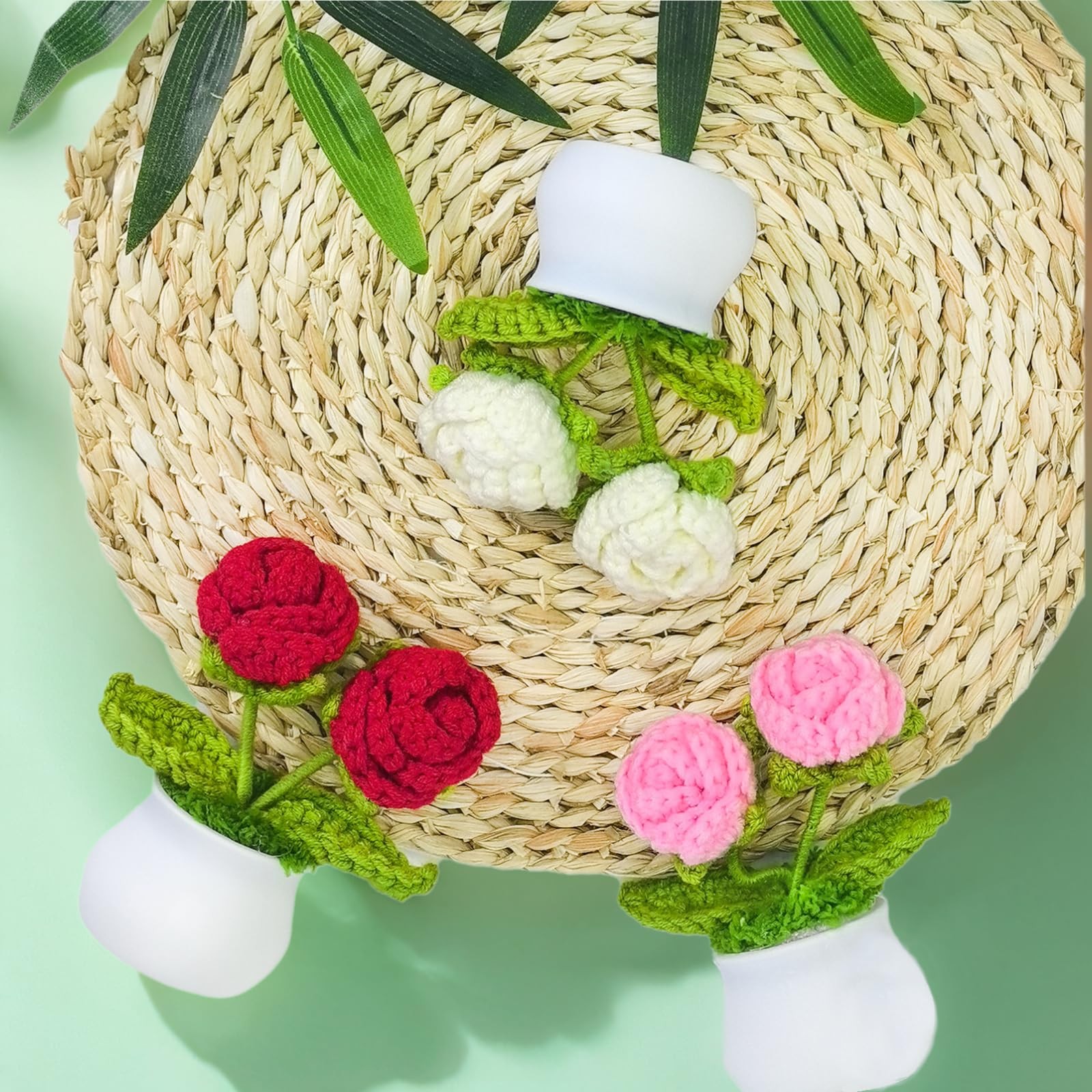 Crochet Flowers Artificial Sunflower 3 PCS Small Potted Plants 2 Heads Roses