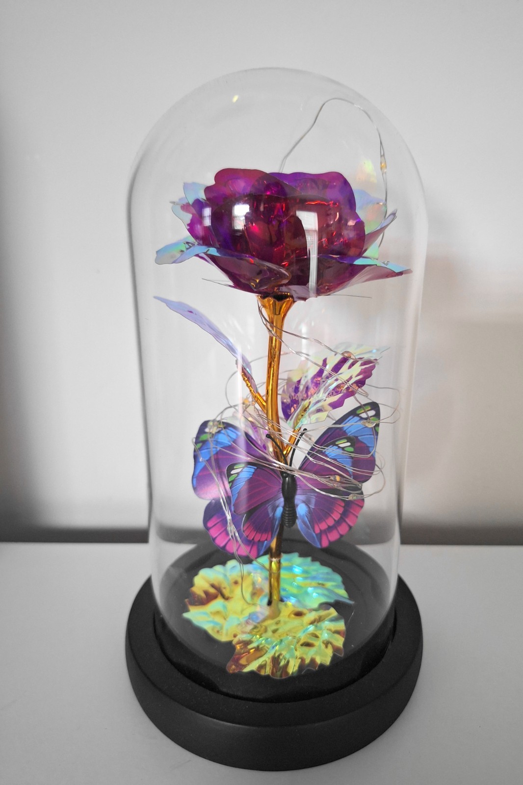 Light Up Rose in Glass Dome With Butterfly