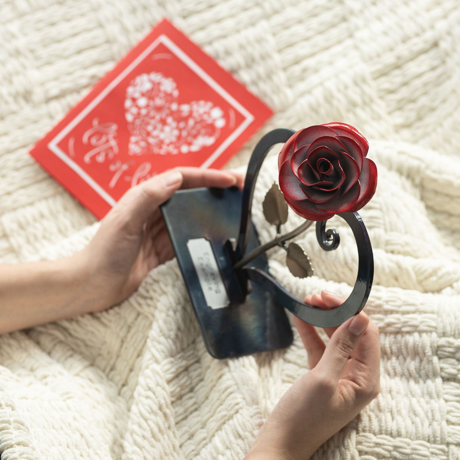 Red Metal Rose with Heart-Shaped Stand – Iron Anniversary Gift