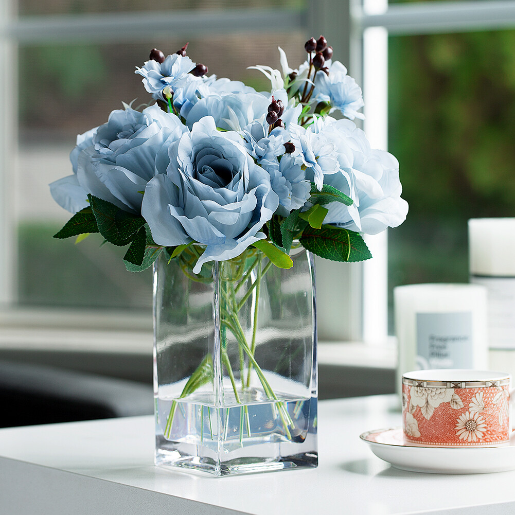 Artificial Flower Silk Rose Arrangement in Glass Vase and Acrylic Water