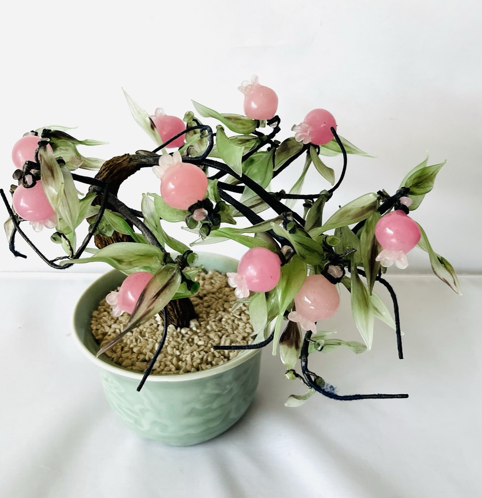 Vintage Pink Cherry Blossom Flower Plastic Bonsai Tree Celadon Planter