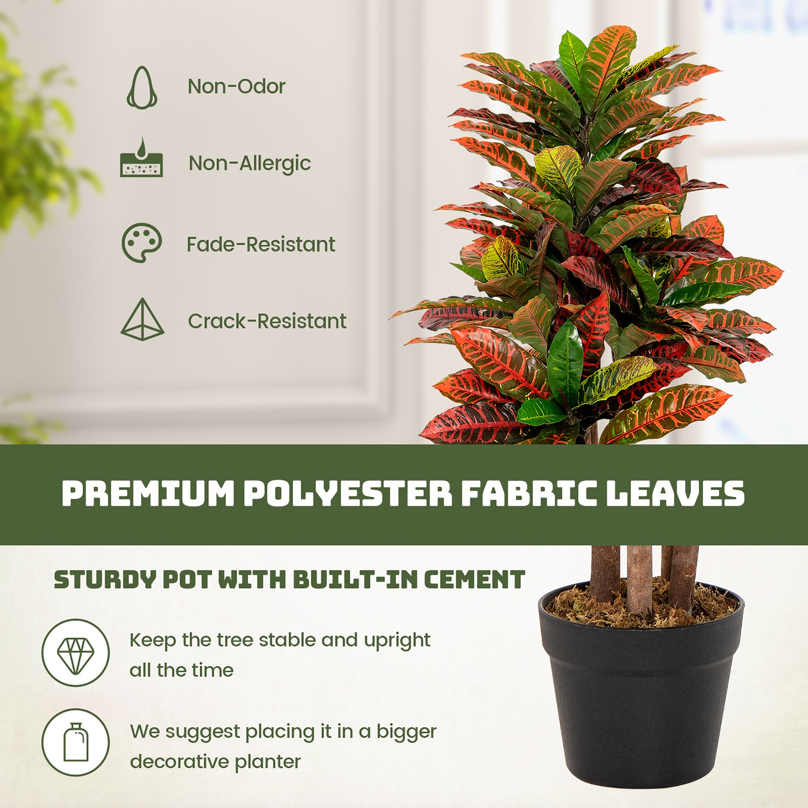 40” Tall Artificial Croton Plant w/ Colorful Variegated Leaves & Natural Wood