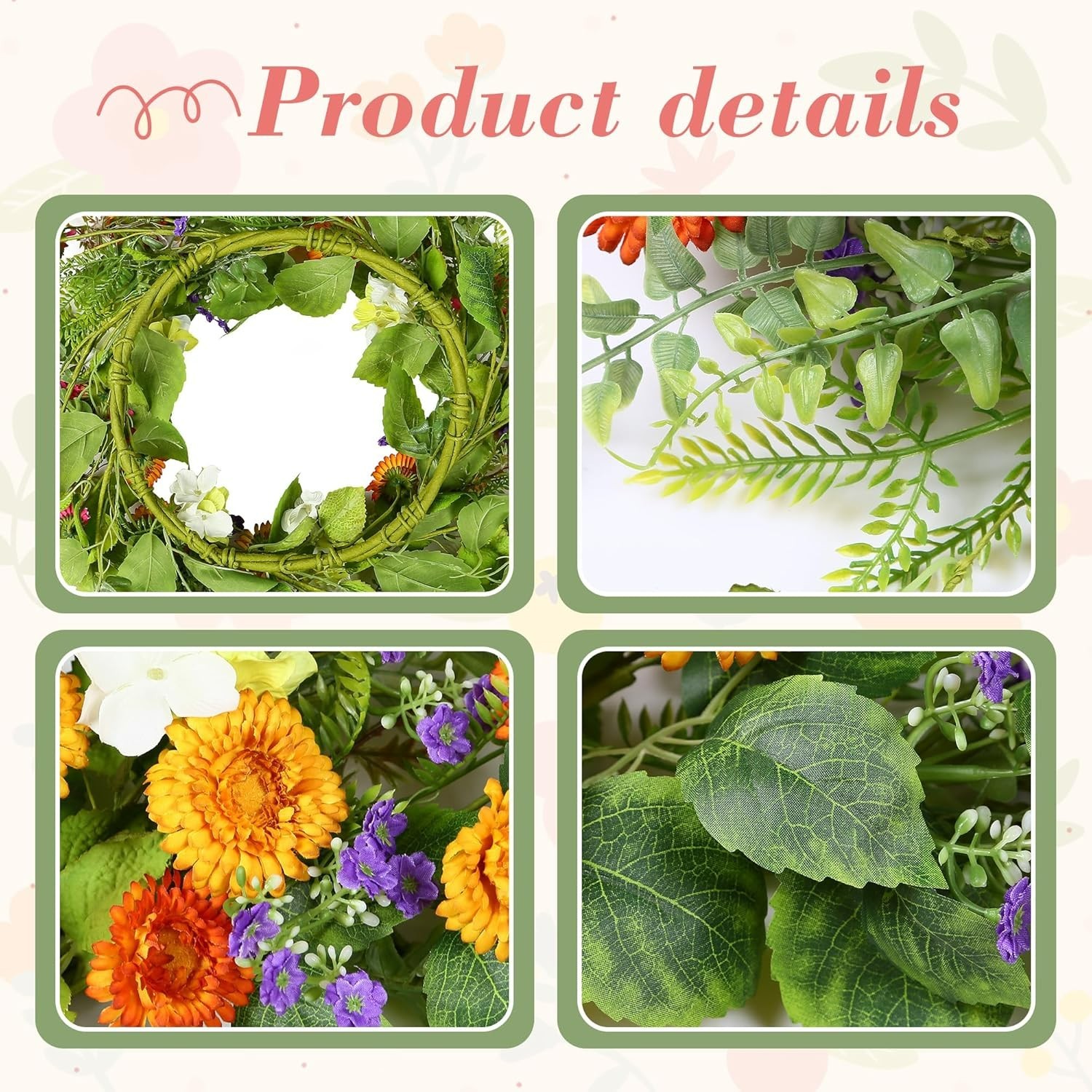 18-Inch Spring Summer Wreath with Colorful Daisies & Green Leaves for Your Door