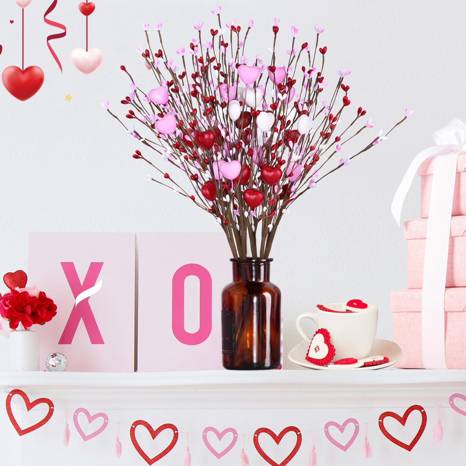 Valentines Decorations Artificial Hearts Flowers Berry Stems Gifts 6 Packs Red P