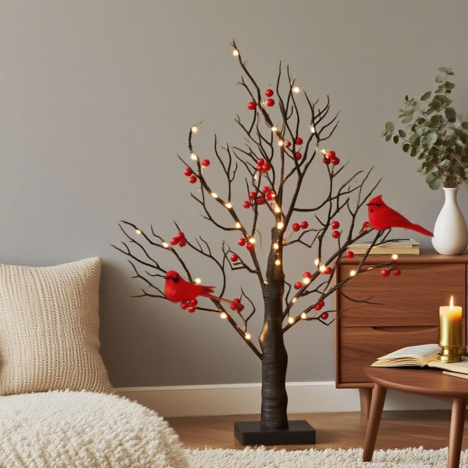 Cardinal Red Berries Tree Table Decoration Light for Tabletop Centerpiece Chr…