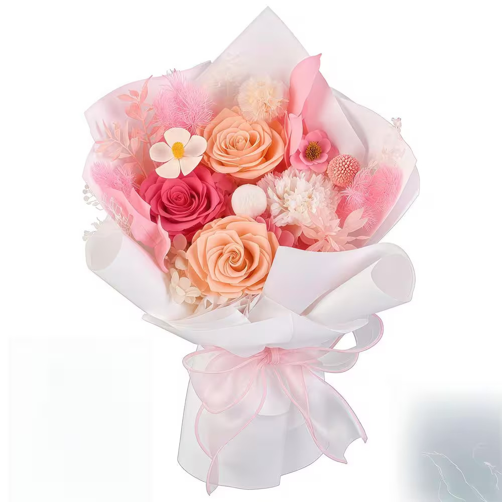 12.59-Inch Pink Artificial Preserved Rose Bouquet-Includes Gift Box and Greeting