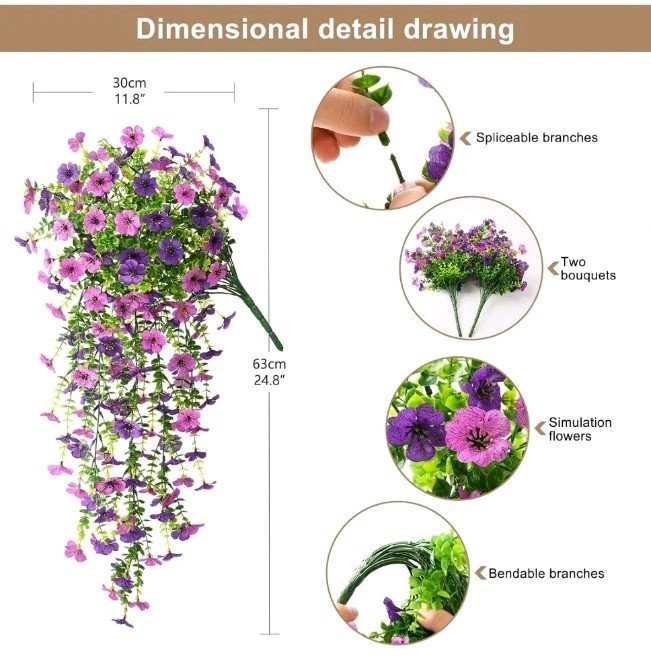 Artificial Hanging Flowers Plants for Outdoor Spring Summer Decoration 2PCS Faux