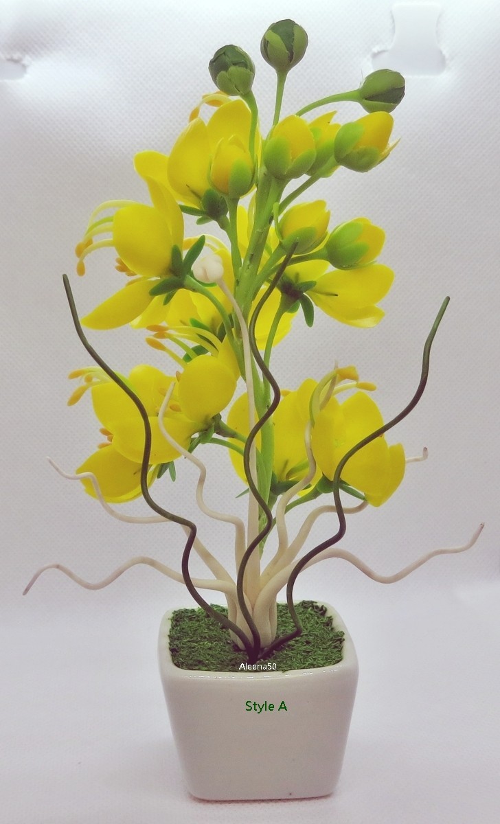 7″H Handcrafted Clay Cassia Fistula M-sized Yellow Flower Arranged in Pot US Stk