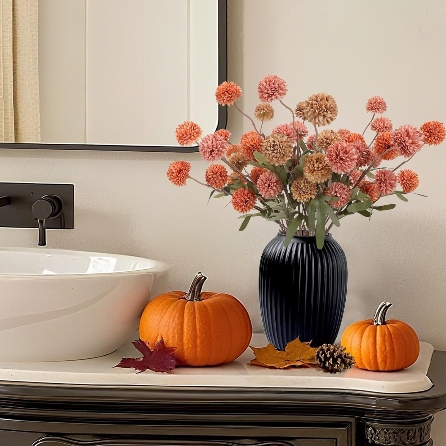 Fall Faux Pompon Mum Flowers – 10 Stems, 21” Long Burnt Orange Brown Pink Orange