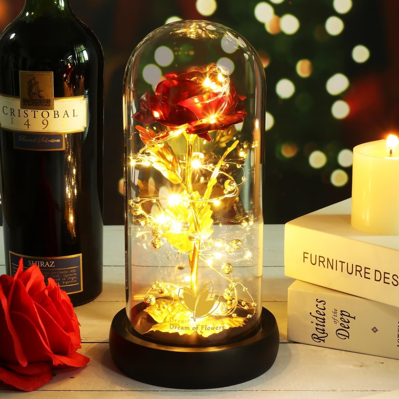 24k Gold Foil Galaxy Rose with LED in Glass Dome – Exquisite Home Decor Gift