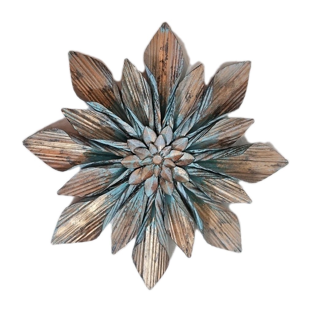 Metal 2 Pc 16″ Hanging Flowers with Rust/Gold/Teal Accents, Quality Textured