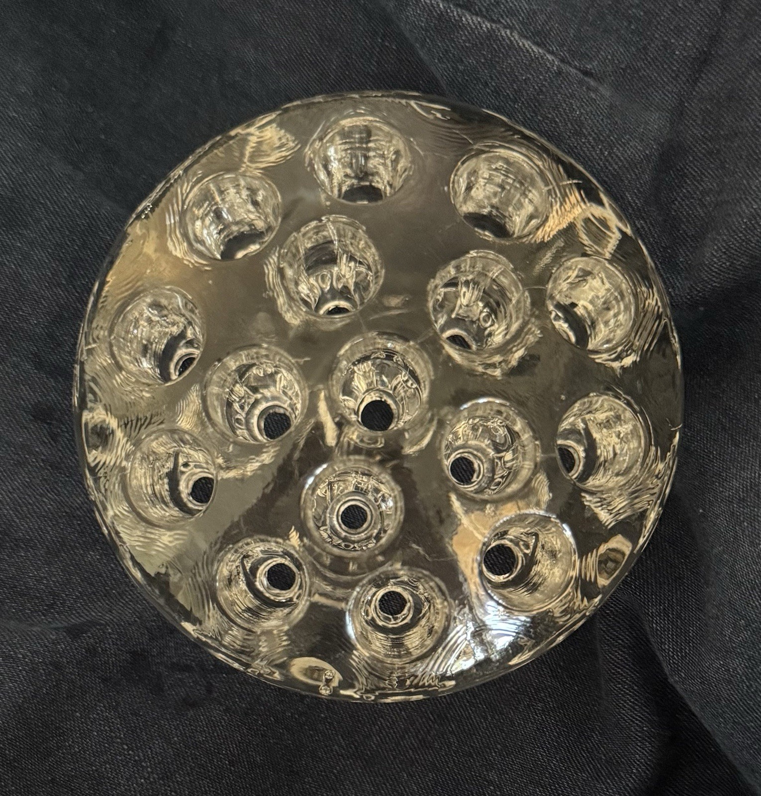 Vintage Thick Heavy Round 16-Hole Glass Flower Frog 3-3/4″ Diameter