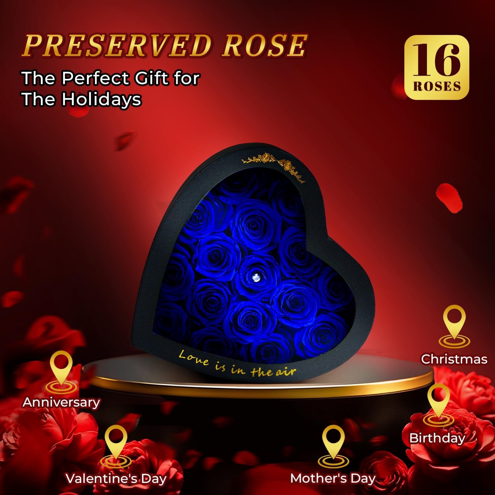 Vryblos Forever Blue Roses in a Box Heart Shaped 16 Preserved Flowers for