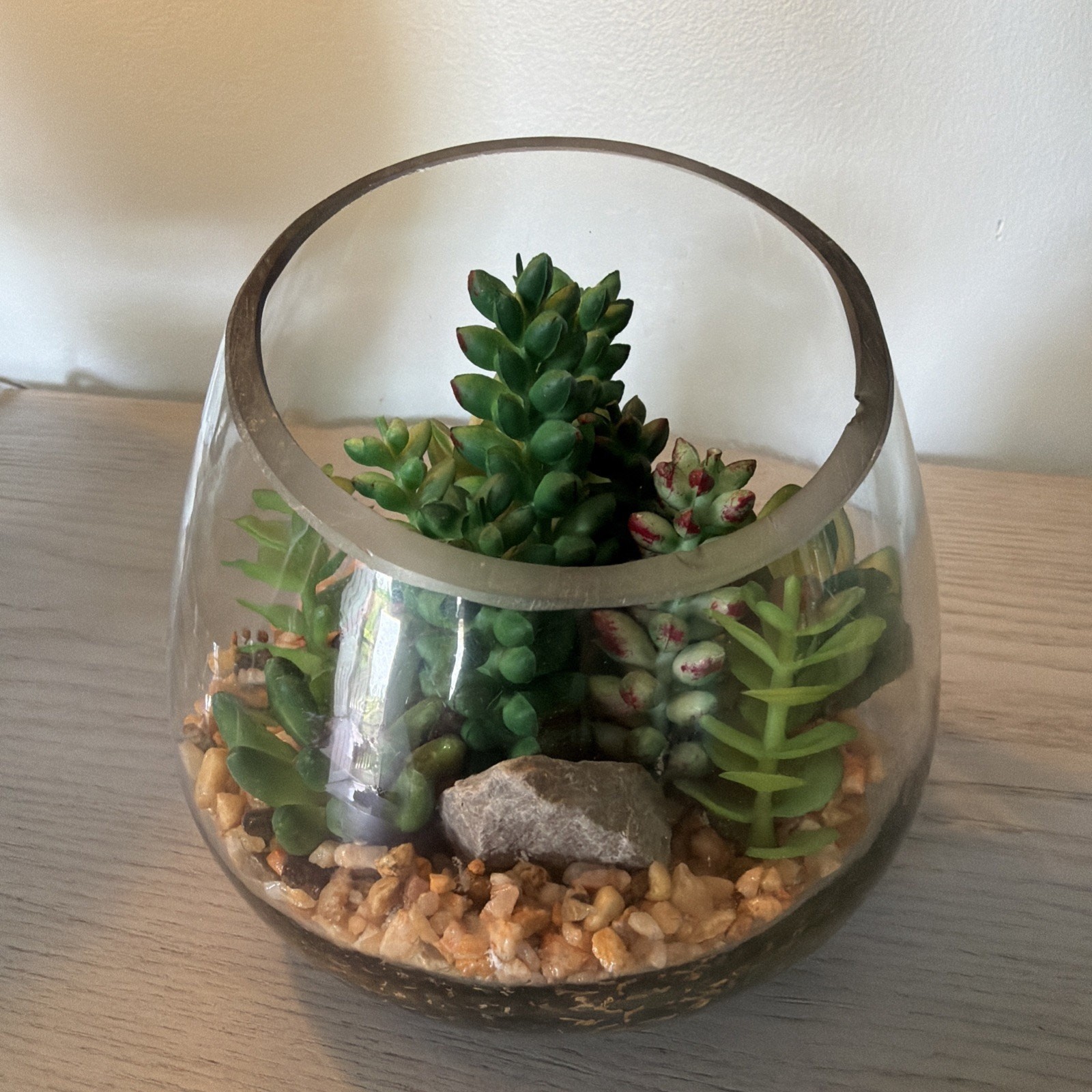Faux Succulent Terrarium Bowl • Glass Cactus Arrangement • Tabletop Home Decor