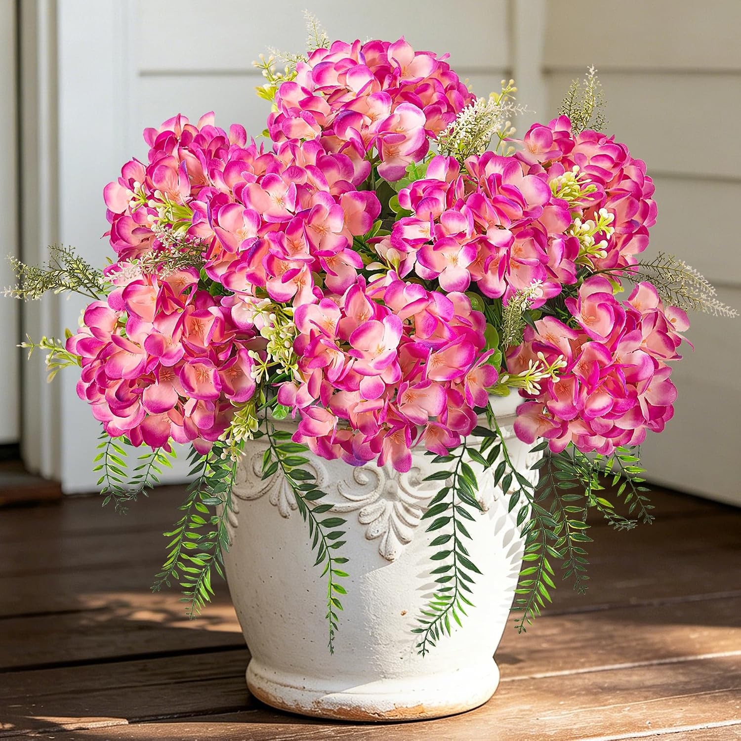 8 Pcs Artificial Hydrangea Flowers Silk Champagne Fake Flower W/ Eucalyptus