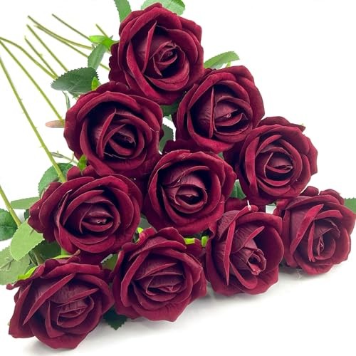 10 PCS Artificial Roses with Long Stems Silk Flowers Realistic Foam Wine Red