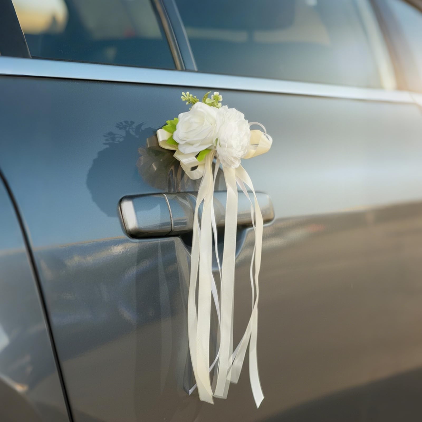 6 PCS White Rose & Peony Wedding Car Decoration Kit – Floral Bouquet Car Door…