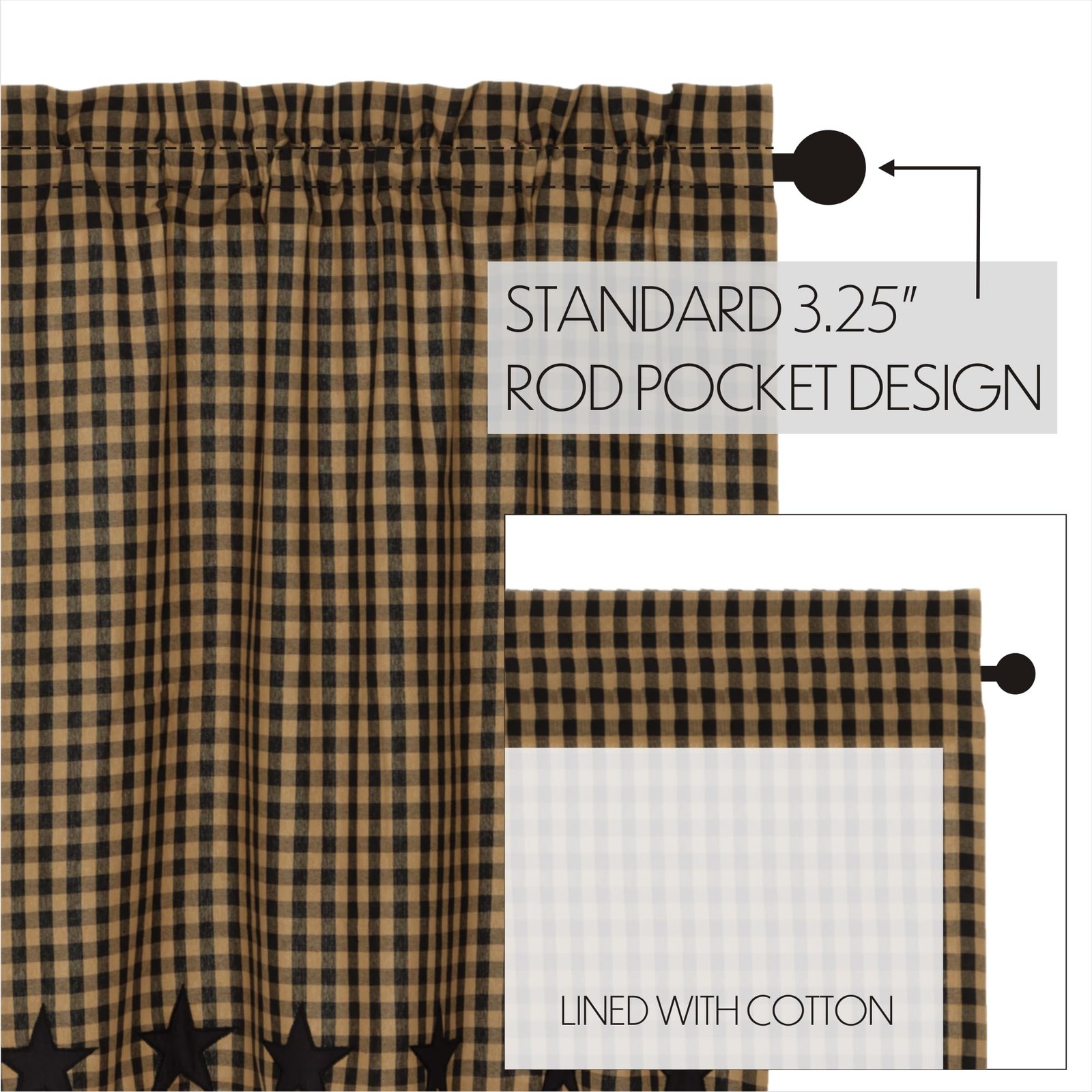 , Black Star, Cotton, 36x36x16, Scalloped Swag, Set of 2, Black