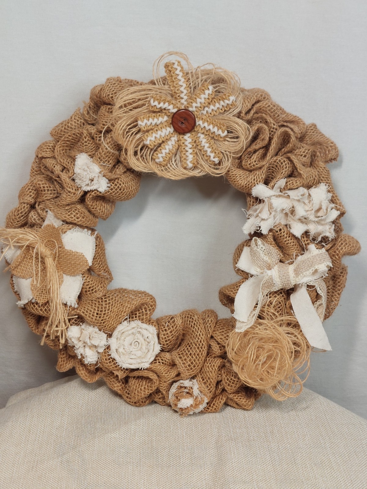 13″ Brown White Rose Flower Farmhouse Burlap Wreath Cottage Core Elegant Rustic