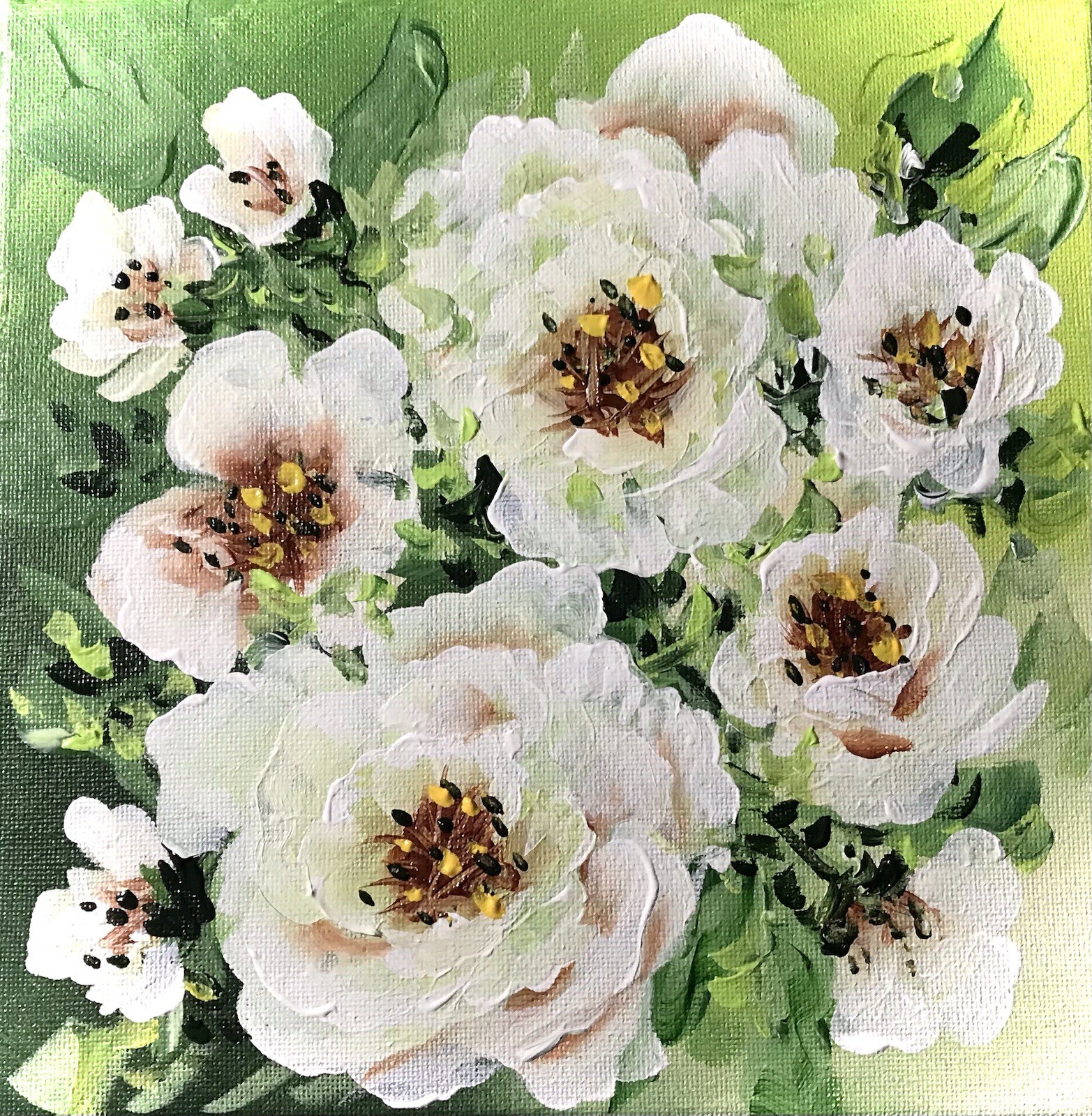Shabby Chic White ROSES FLORAL Acrylic 8×8 Painting~Jann Mendenhall~~🌹🌹🌹
