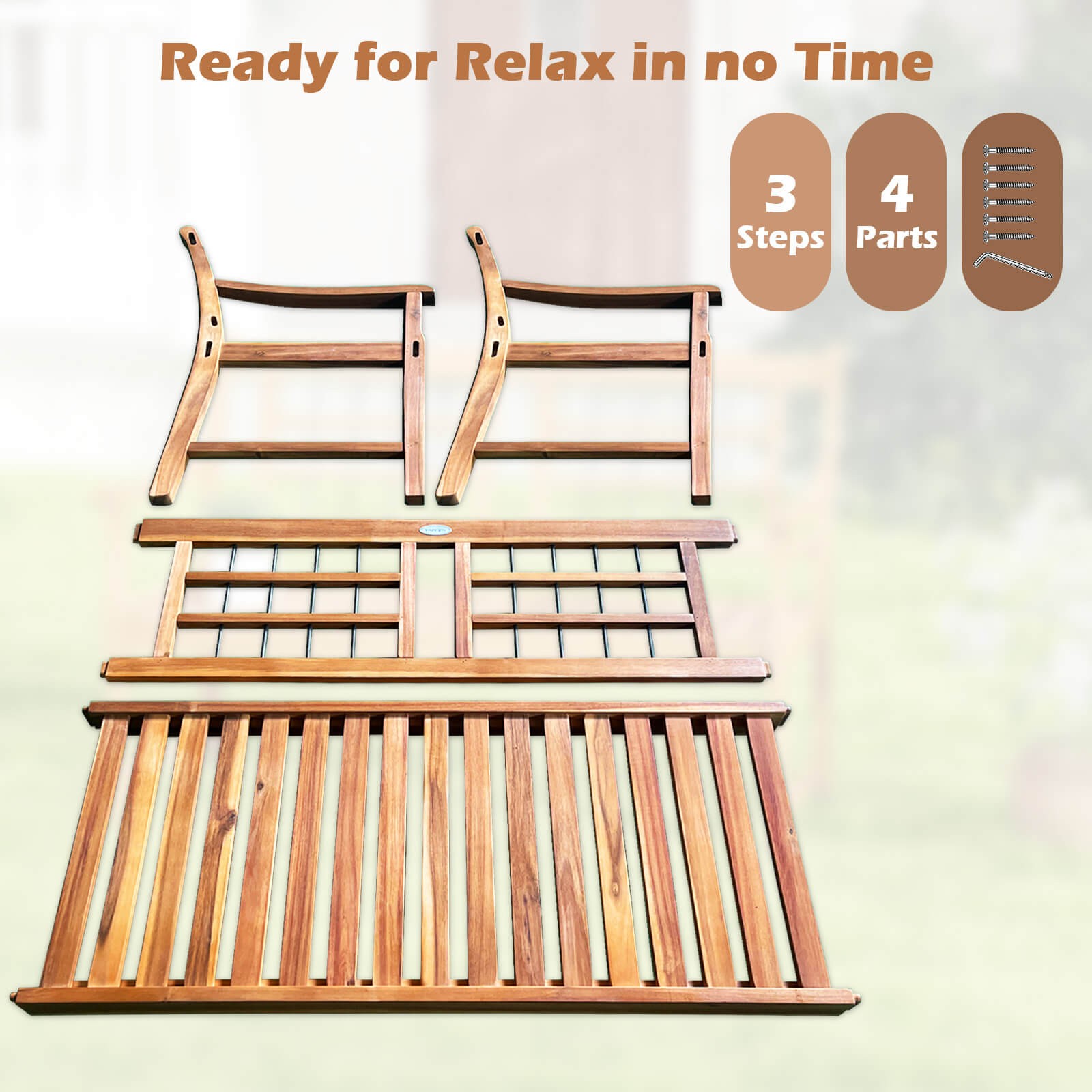 2-Person Patio Bench Outdoor Acacia Wood Bench w/ Slatted Seat & Backrest