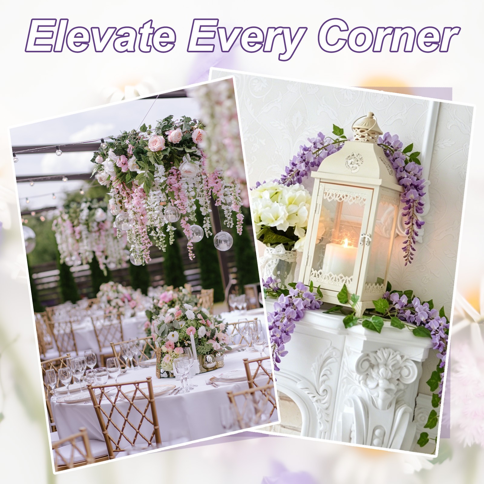 2 Pcs Artificial Wisteria Hanging Flower 3.9 ft Fake Hanging Floral Purple/White