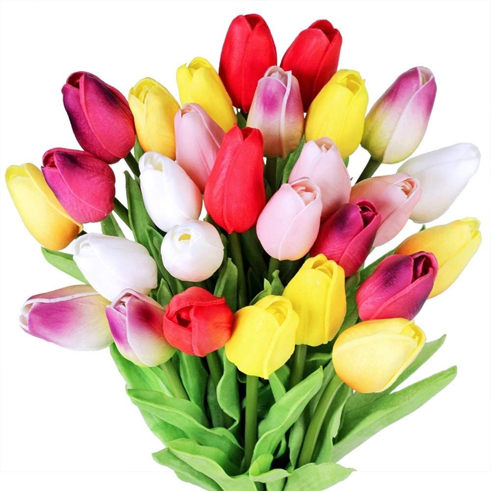28 Pcs Multicolor Artificial Tulips – Lifelike 14” Faux Flowers for Weddings