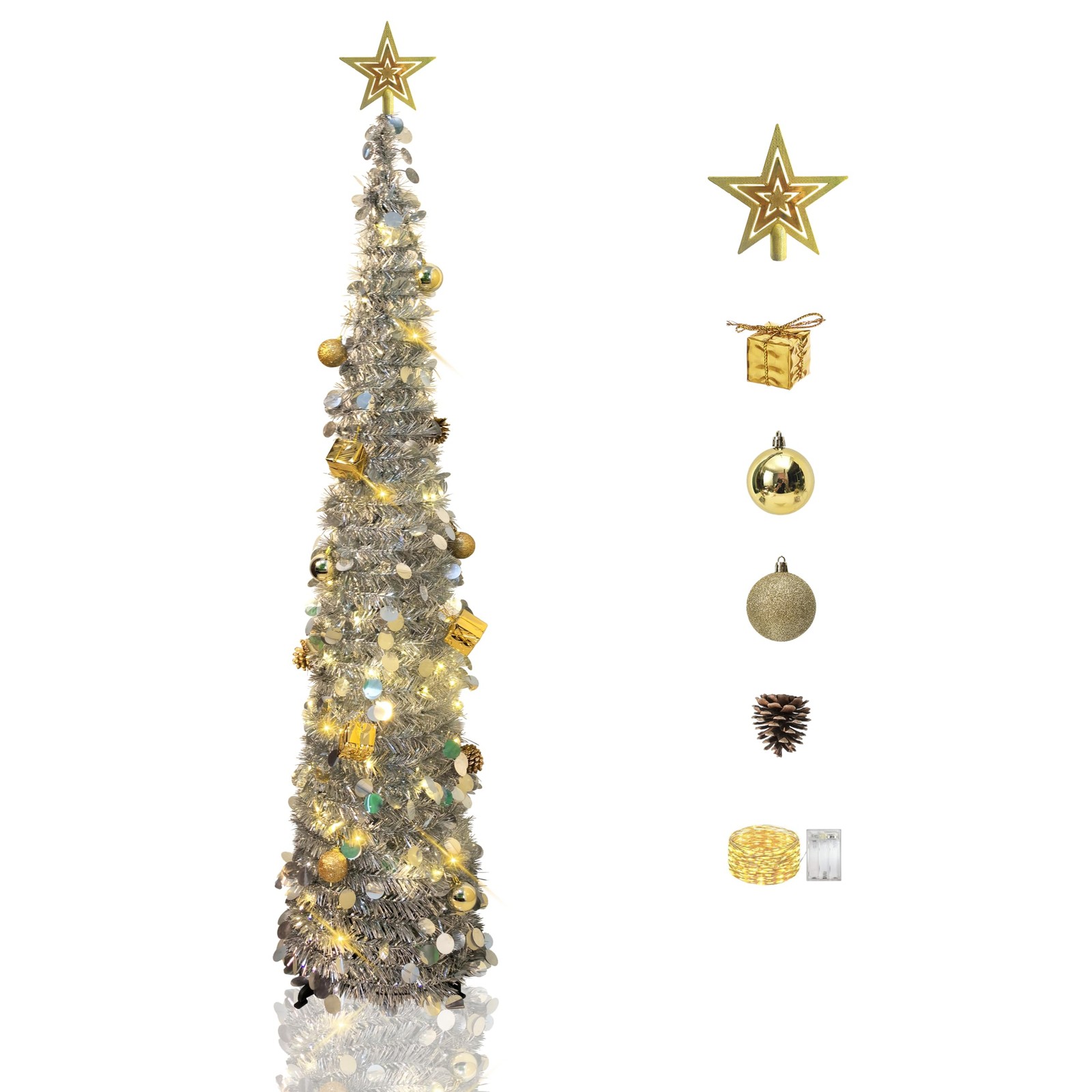 5FT Silver Pop Up Pencil Christmas Tree Lights Artificial Prelit Slim Decor