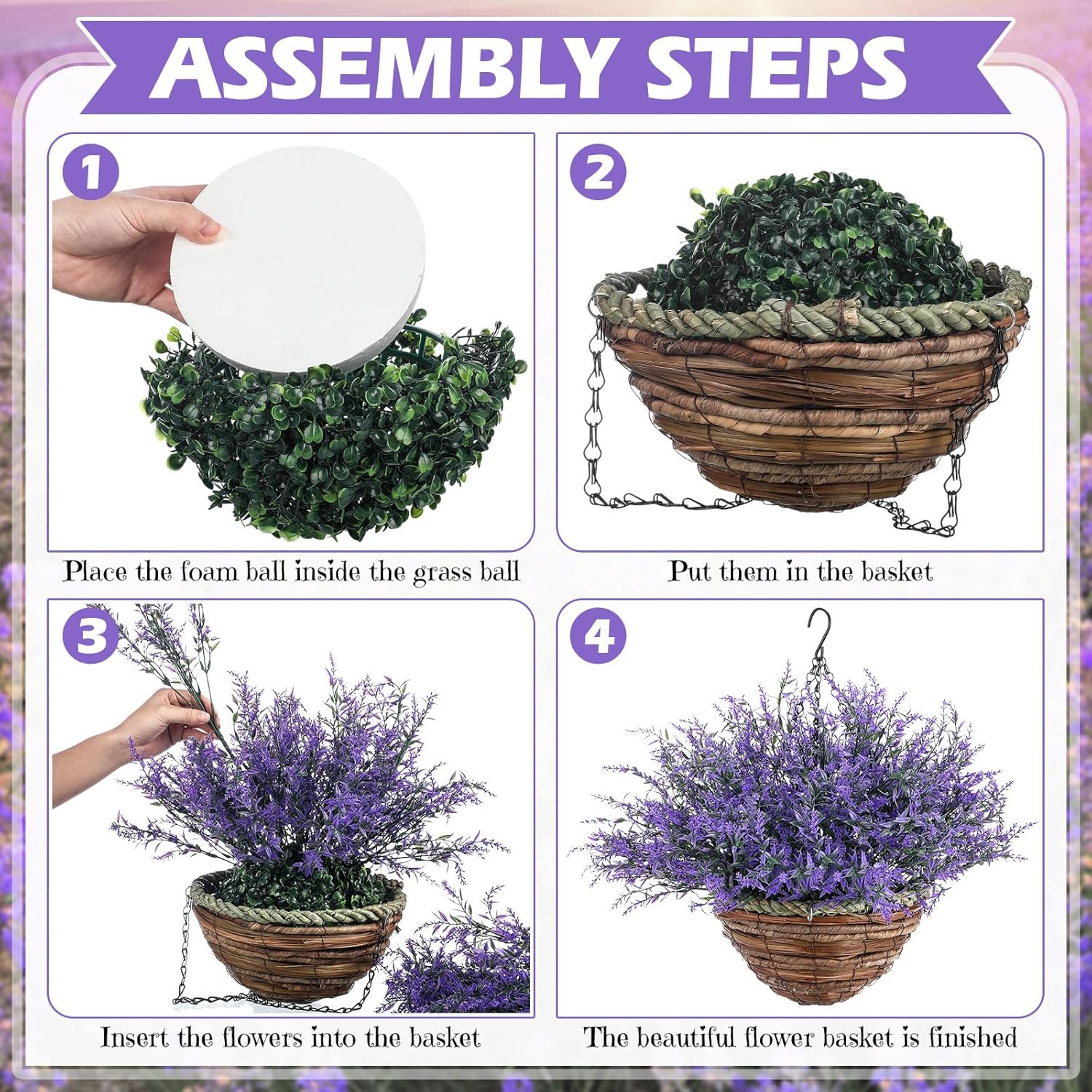 Purple Artificial Lavender Flowers in Hanging Baskets for Indoor/Outdoor Decor