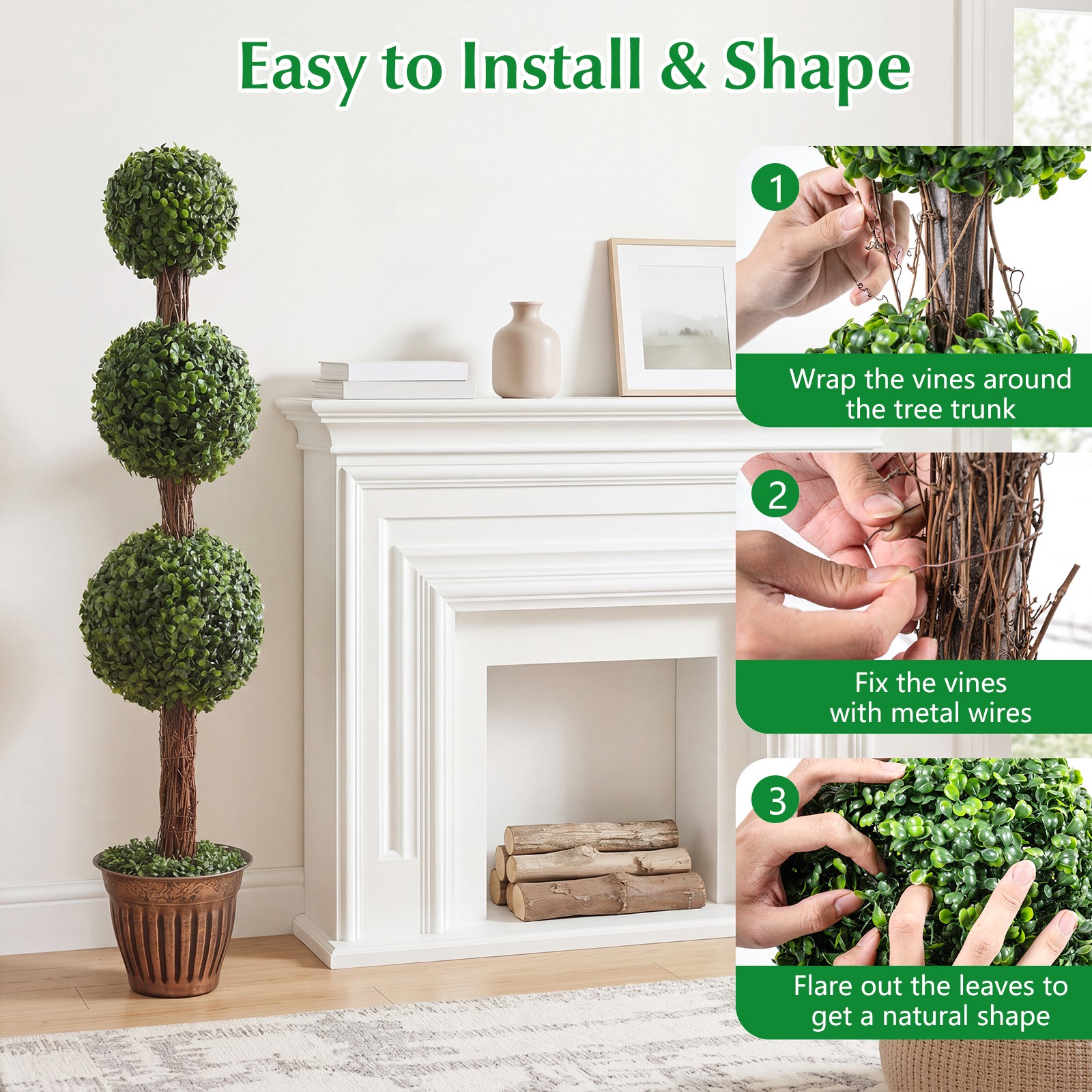 Artificial Triple Ball Boxwood Tree,Fake Topiary w/Cement-filled Retro Planter