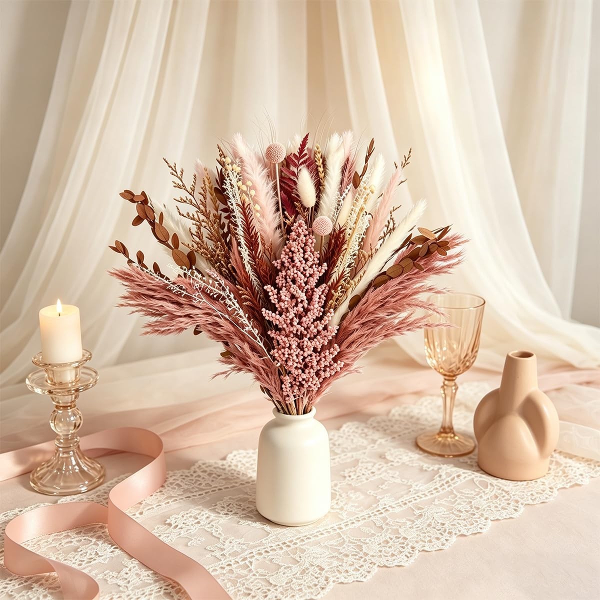 Dusty Rose & Terracotta Dried Pampas Grass Bouquet – Boho Floral Arrangement, Pi
