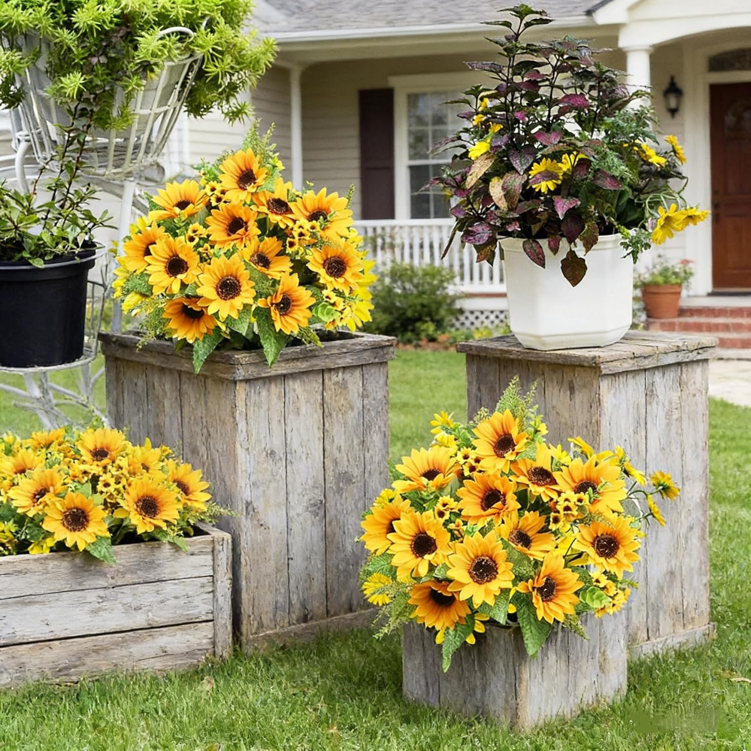 Artificial Sunflowers for Outdoors – 2 Bunches Fake Sunflower Bouquets with 14 L