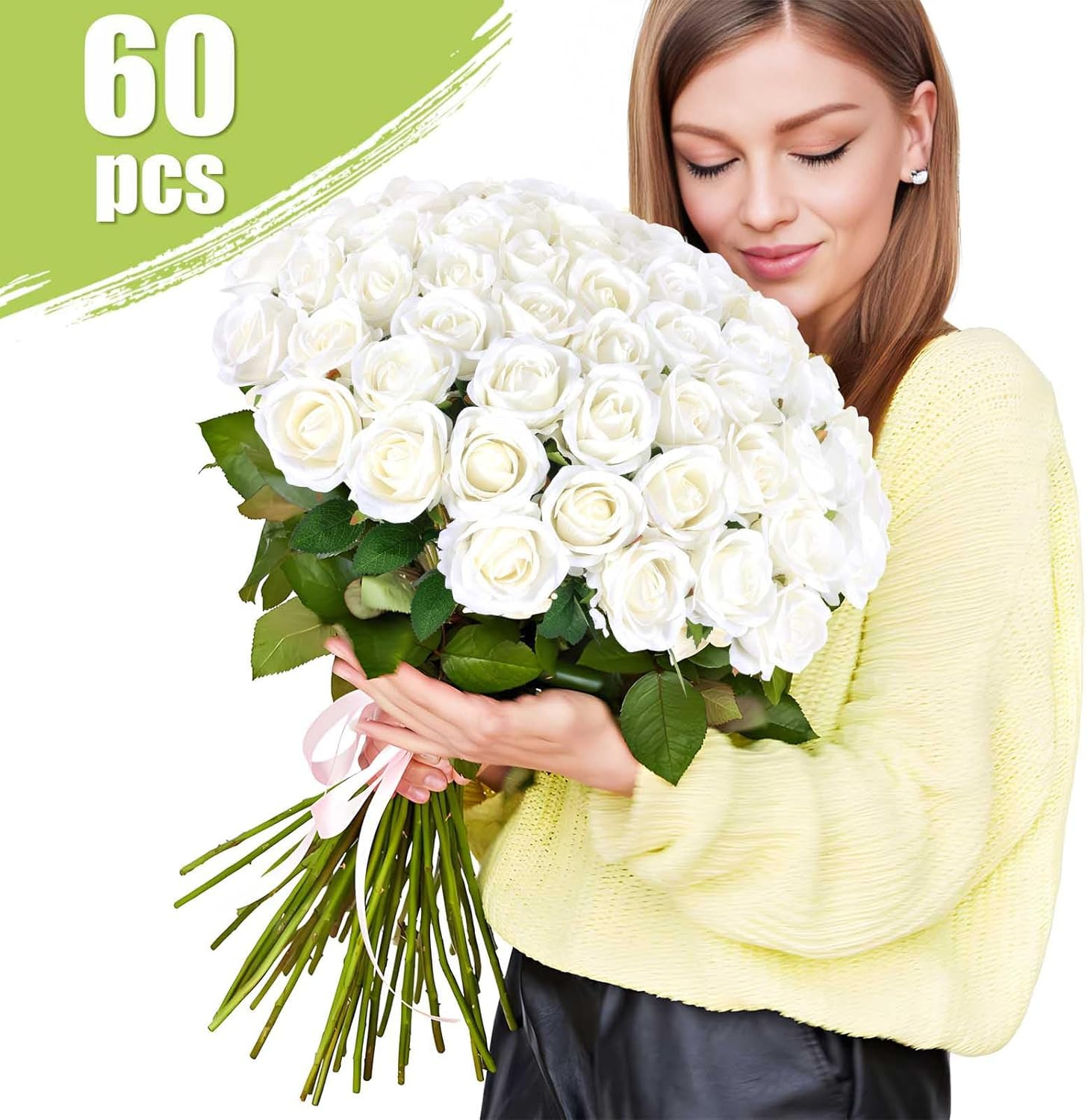 120 Pcs White Velvet Silk Roses for Weddings, Bouquets, and Home Decor