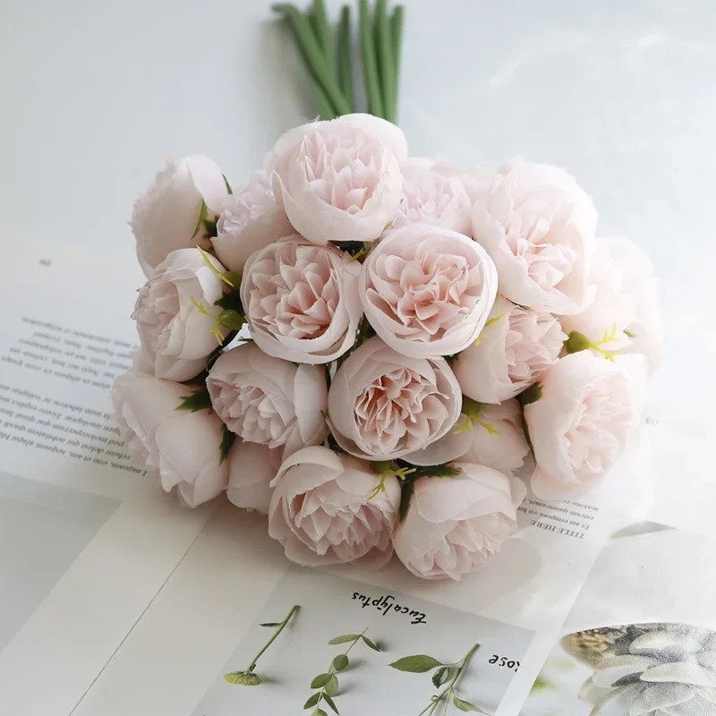 Rose Pink Peony Artificial Flowers Silk Bouquet 27heads Roses Fake Flower
