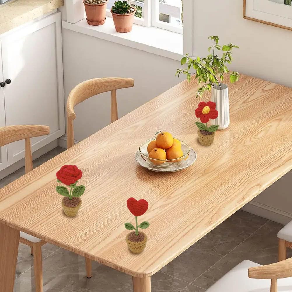 3 PCS Mini Crochet Red Rose Potted Plant Hand Knitted Rustic Table Decor Home