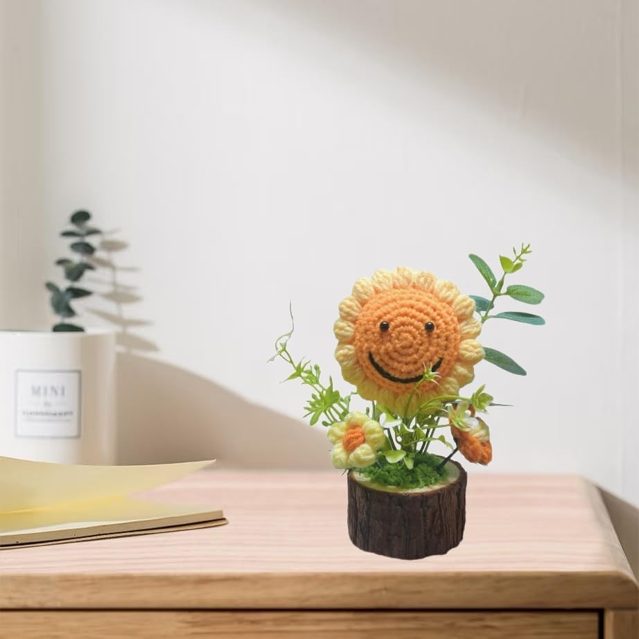 Handmade Crochet Sunflowers Flowers Bouquet Creative Knitted Potted Plant Cute