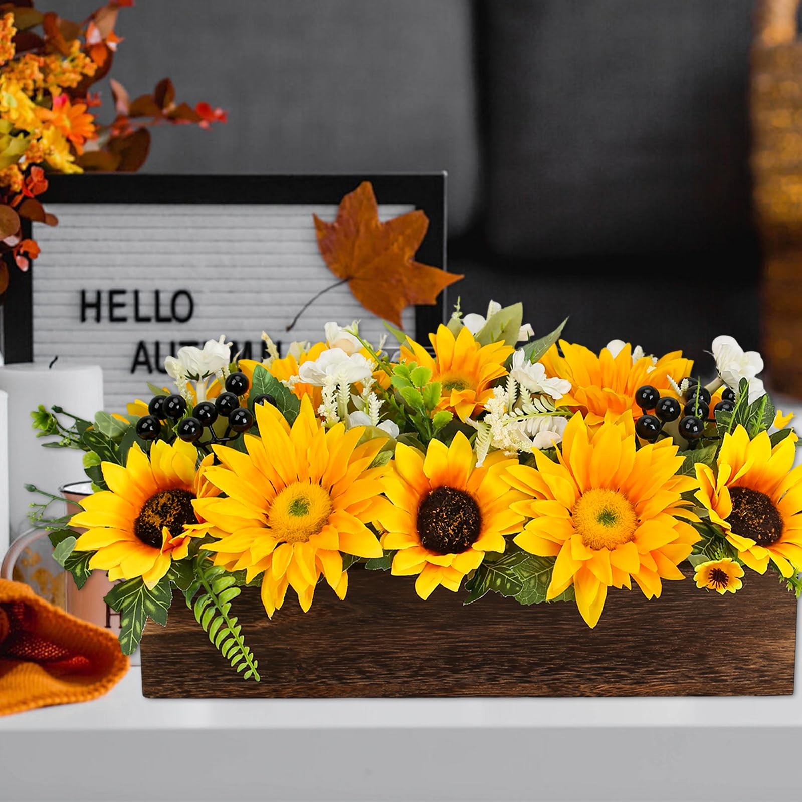 Sunflower Arrangement with Wood Tray Centerpieces for Tables Home Decor
