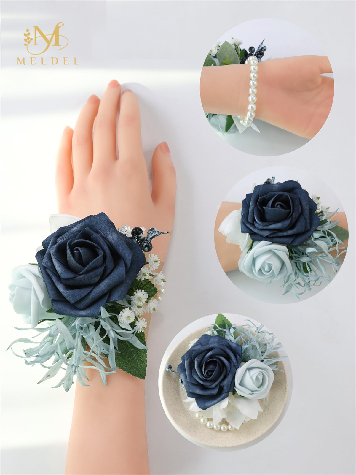 6 Pcs Navy Blue Wrist Corsage, Bride, Bridesmaid, Wedding, Prom, Party, Ceremony