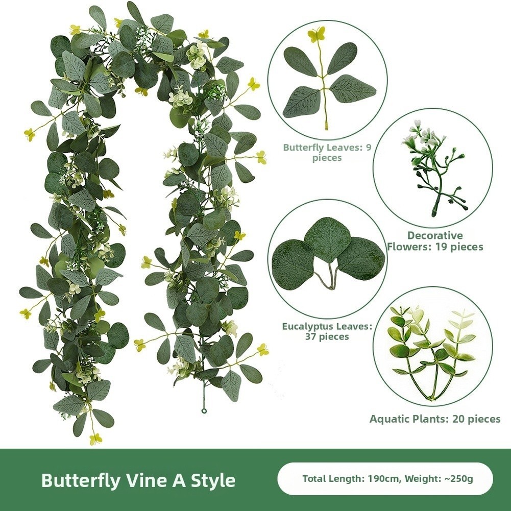 180cm Faux Eucalyptus Vine Garland with Butterfly Motifs for Rattan Style Decor