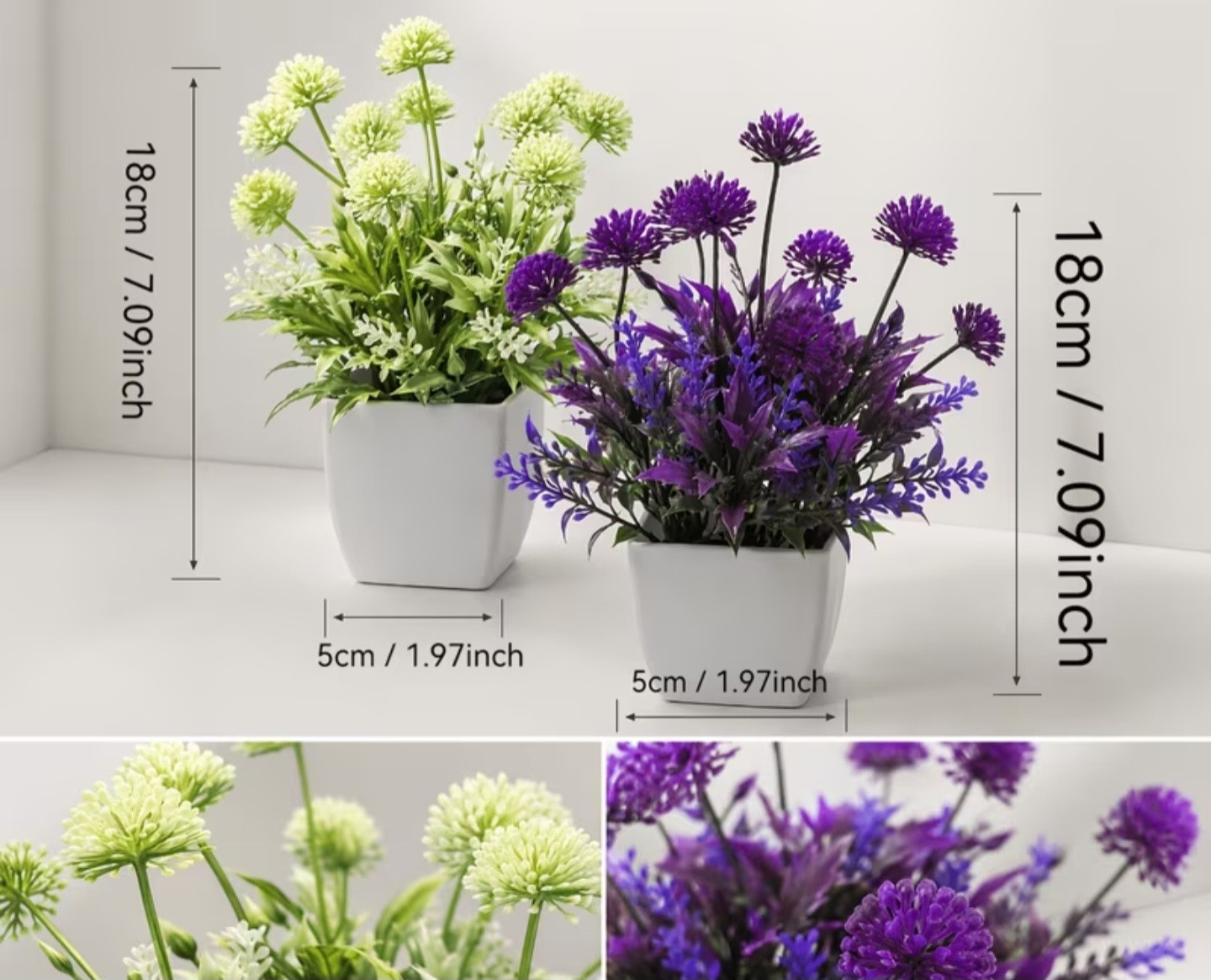 2pcs Artificial Floral Potted Arrangement, Purple ,White Green 7.09inch