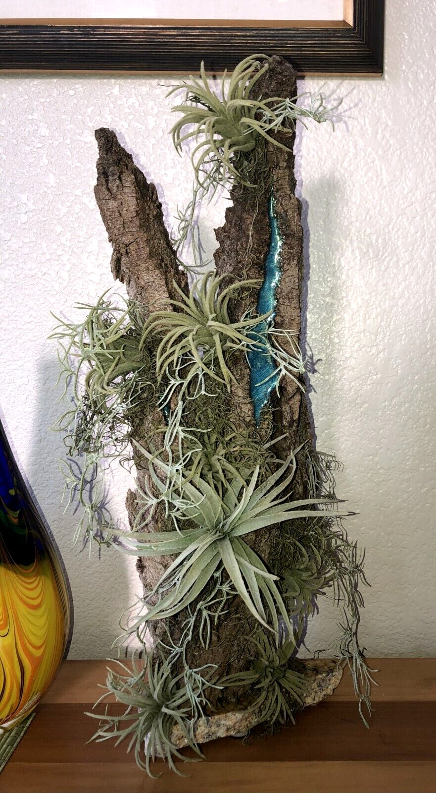 Artificial Succulent Air Plant Home Office Mounted on Real Wood Bark and Stone
