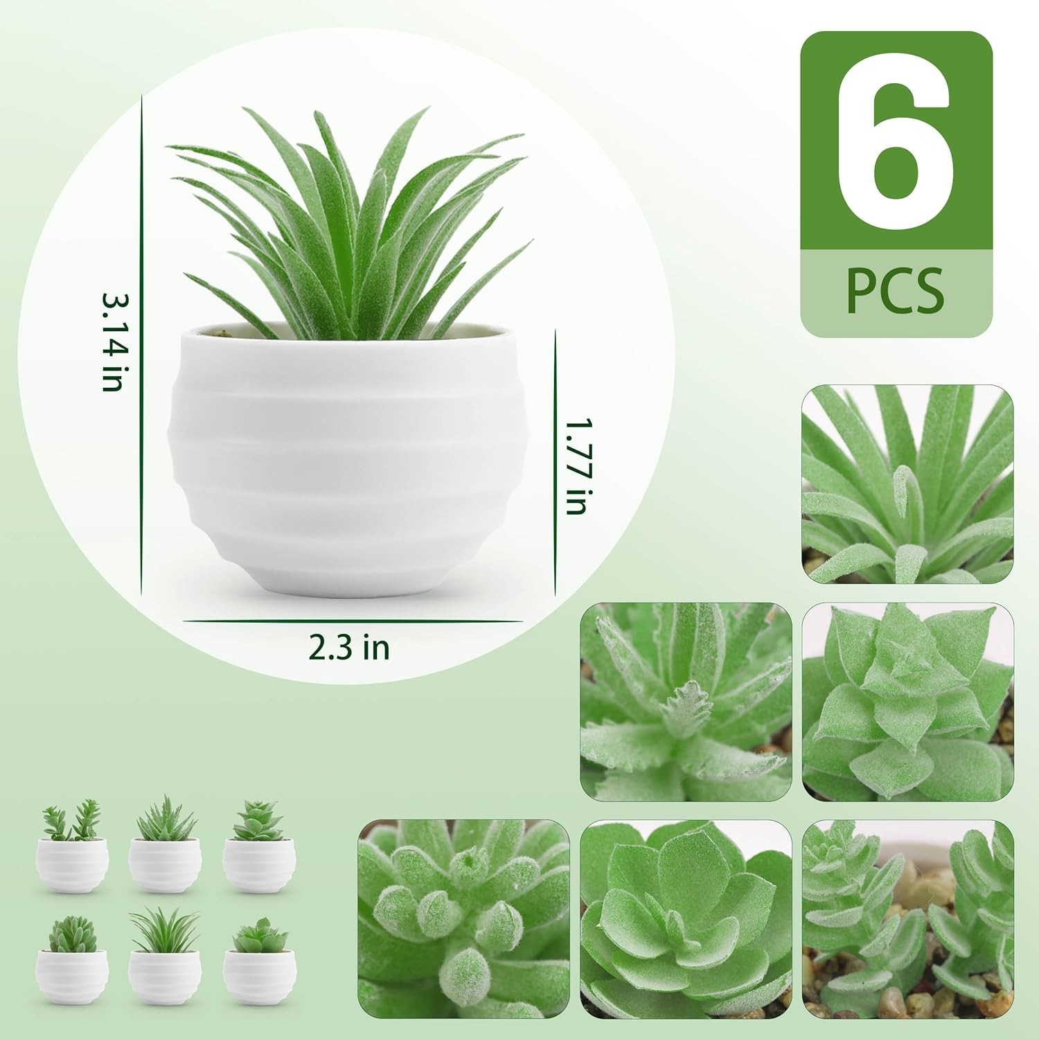 6 Pack Mini Fake Succulent Plants in White Pots for Office Bathroom Room Decor