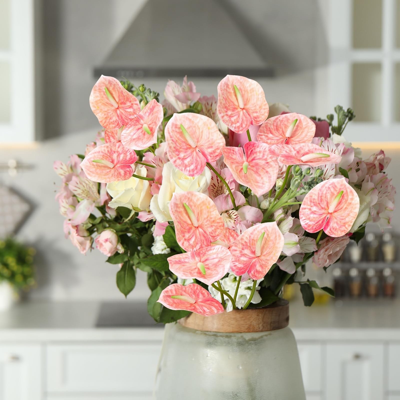 8PCS 22.8inch Anthurium Artificial Flowers Pink Faux Silk Anthurium Real Touc…