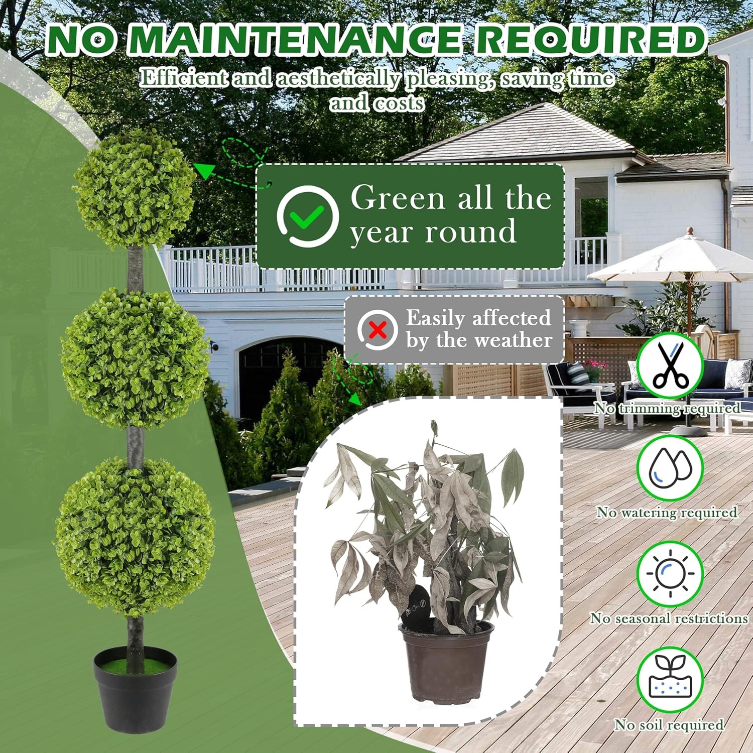 2 Pack Artificial Topiary Ball Tree 4FT Set of 2 Faux Triple Balls Tree in Pot
