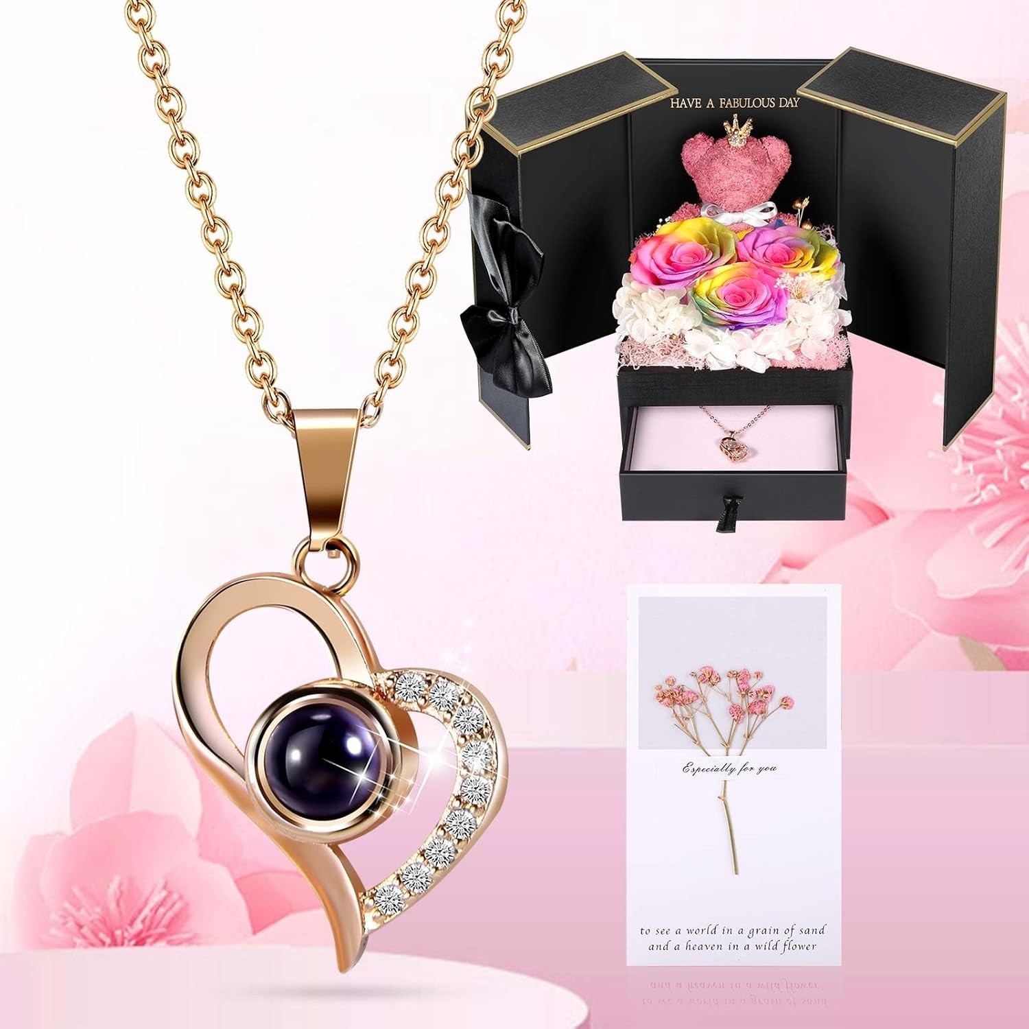 Luxurious Rainbow Rose and Gold Necklace Gift for Special Women – Ready to Gift