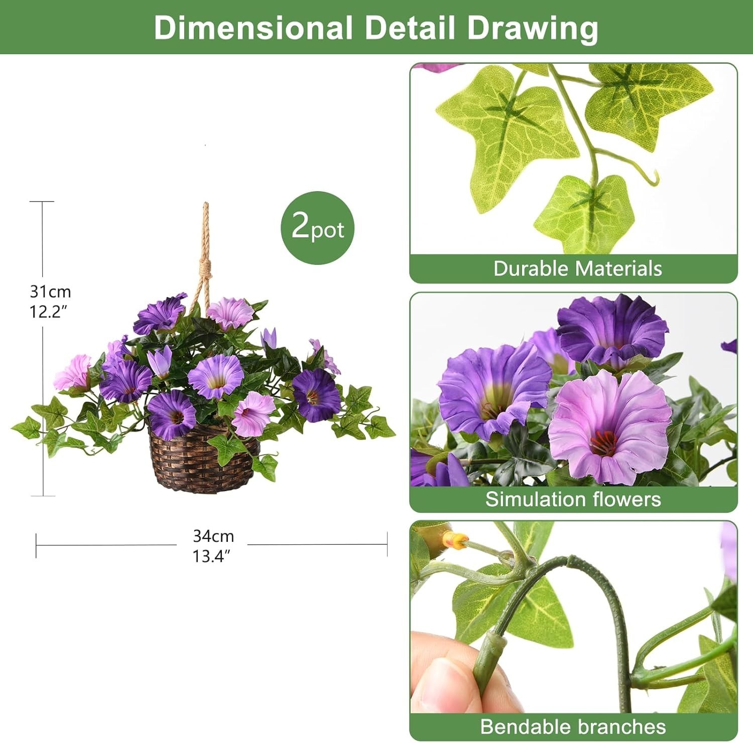 2 Set Artificial Outdoor Flowers with Hanging Basket, 2 Hanging Planters Faux Si