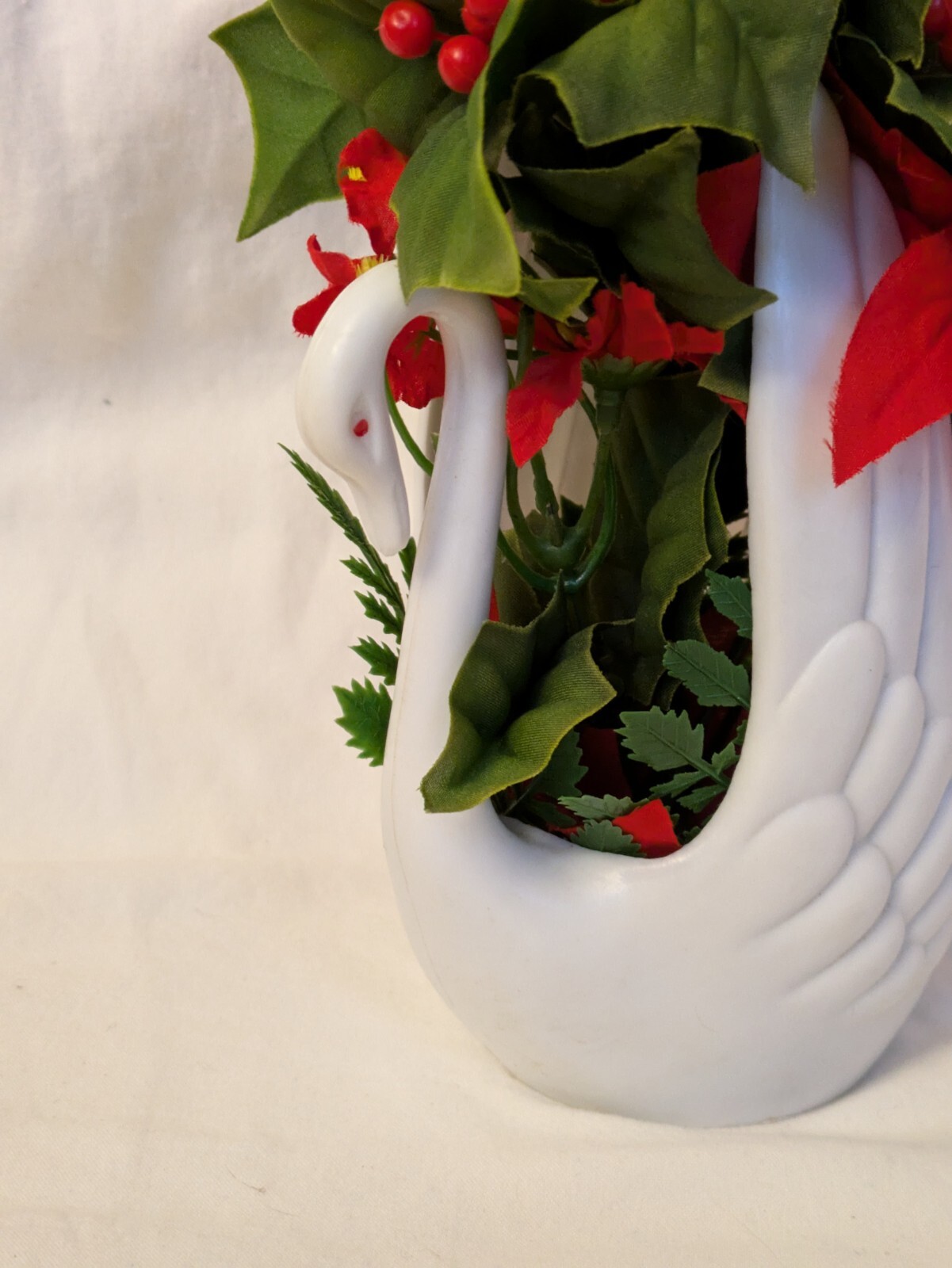 Vintage Artificial Red Flower White Plastic Swan Big Wing Planter Markovitz
