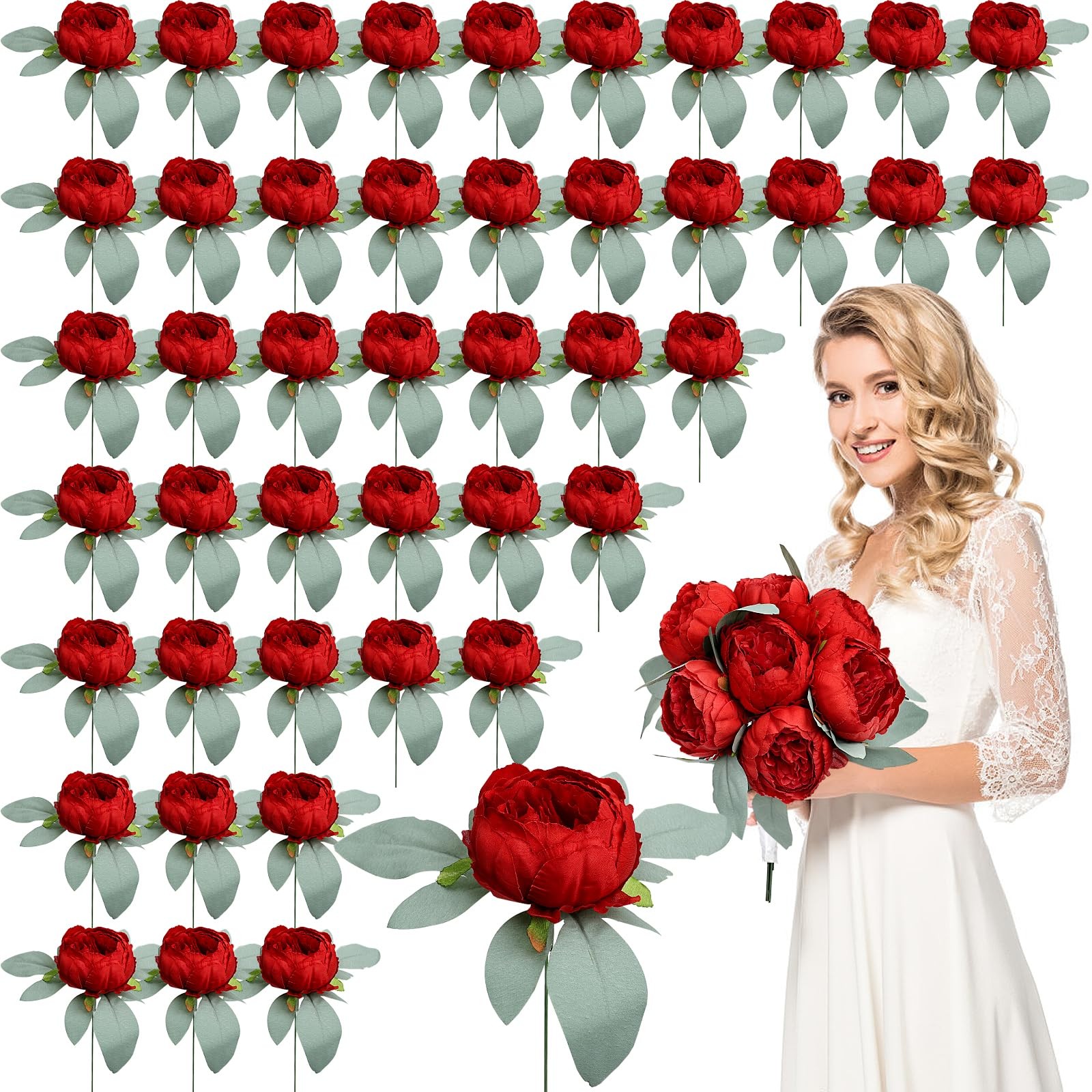 50 PCS Artificial Peonies Flowers Bulk 4 Inch Red Silk Heads Faux Decor