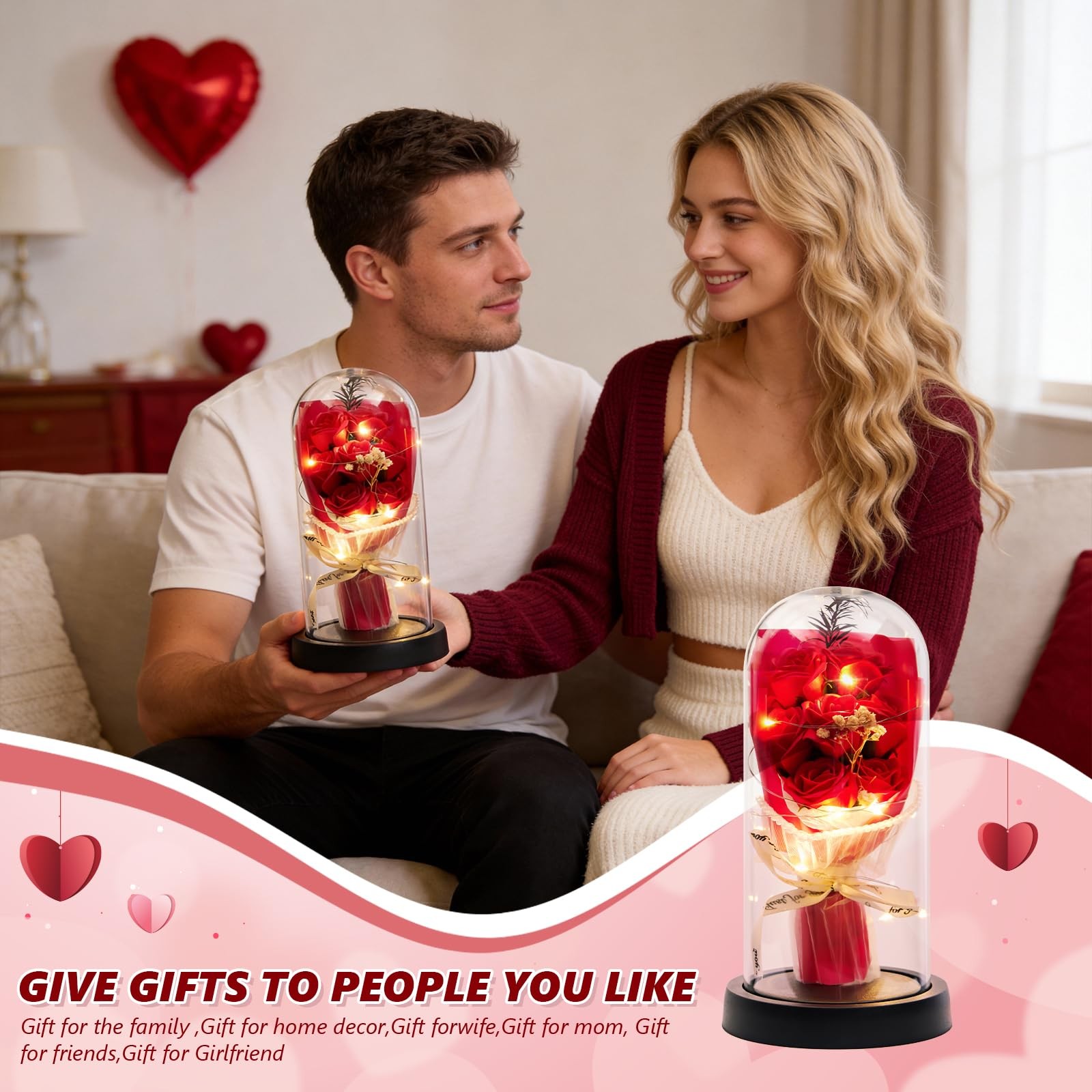 Forever Rose Light Up Preserved Red Rose in Glass Dome, Artificial Flower Gif…